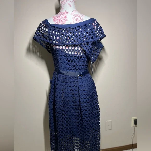 NWT LUXE Self Portrait Replica Navy One Shoulder Guipure Lace Midi Dress sz 8 - Picture 4 of 14